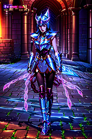 A costumed woman is walking down a brick walkway, Fiora de League of Legends, wearing witchblade armor, Saint Seiya, knights of zodiac girl, Anime cosplay, cosplay glamouroso, Irelia de League of Legends, Menina da armadura, unreal motor render Sao Seiya, cosplay ornamentado, Samira de League of Legends, Lux de League of Legends