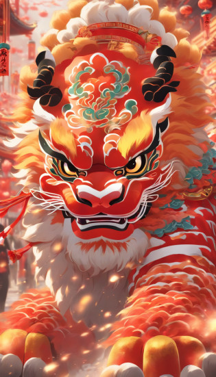 Cantonese traditional culture, China?1girll?lion dance?Awaken the lion?characteristic?The facial features are delicate and beautiful?The black and red lion head is worn on the head?Dance the lion's head dance with both hands?jubilation?
