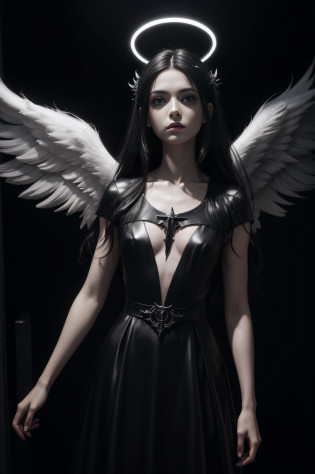 arafed angel with white paint and black wings standing in a dark room, angelic and unsettling, young wan angel, angel, the angel of death, the angel of death with a halo, portrait of the angel of death, angel of death, an angel, portrait of the death angel, by emmanuel lubezki, in a tim burton movie, cherub