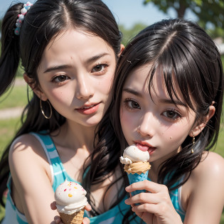 Two young girls, Face shining with sweat, Share the fun moment of licking ice cream together. For the heat of the sun?Small beads of sweat form on the forehead, Emphasize flushed cheeks. Despite the heat, Their determination to taste ice treats remains unshakable.  While licking melted ice cream, They feel a refreshing coolness on the tongue, provide a respite from the heat,,,,. The contrast between flushed skin and dessert sweet relief is?zora?Create compelling images of resilience and fun.  Sweat on the forehead?Emphasize active and playful nature, showcasing her adventurous spirit. Every time you lick, They exchange glances, It's not just about the fun of ice cream?Share a unique and unbreakable bond.  Right now, Sweat serves as a testament to their shared experience, Remind them of the thrill and joy of indulging in the simple joys of life, Even on hot days.