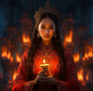 an asian goddess in red holding a flame in her hands, in the style of intricate costumes, dima dmitriev, abundant symbolism, exaggerated facial features, he jiaying, marguerite blasingame, 8k --ar 28:27 --s 750 --v 5. 1