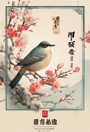 Spring?Traditional Chinese solar terms?early spring?(((Spring flowers)))?National style?On the flower branches((Thrush))?No other elements