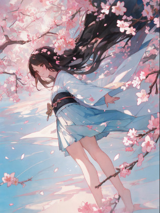 ?masterpiece, hightquality, Top image quality, one girls, from foot to head, Kimono, skirt by the, length hair, A dark-haired, The sword, kindly smile, Cherry blossom petals, blue-sky, Eau, spark of light