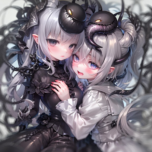 A silver-haired little loli about five years old holds a five-year-old black-haired loli?The two loli hugged each other?None of them wore shoes?The silver-haired loli arm transforms into a venom parasitic black-haired loli?The silver-haired loli wears a black latex suit made of venom?Brunette loli wearing Lolita?A silver-haired loli who transforms into Venom?The black-haired loli showed a terrified expression?The body is crawled with black latex?The silver-haired loli showed a happy expression?