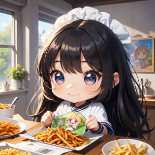 perfect-composition?Perfect pictorial composition?Cartoon girl with long hair?cartoon artstyle?Cartoon Cute Girl?Chibi Girl?Chibi?cute cartoon style?Cute art style?Cartoon style?Cartoon style illustration?Digital art of cartoons?Cute digital art?Cute anime girl?Chibi?estilo chibi?Kawaii Girl?an anime drawing?pop-art?Cartoon style illustration??Equivalent?Head large?kawaii eyes?radiant eyes?Sparkling eyes?kawaii faces?Innocent face?smooth hair?Black hair?Black hair?Potato fries?french fried?French fries in cooking?kindly smile?Eat french fries?inside in room
