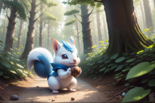 There is a small white squirrel with an acorn in his hand,  Chibichara?A cute girl with blue hair is also with me?It is a cute costume in white and blue?Dark eyes?cute forest creature, Adorable Digital Painting, cute detailed digital art, the squirrel king, Cute digital art, cute cartoon characters, cute character, CuteCreatures, Cutie, official illustrations, Official art, squirrel, maplestory mouse, astri lohne,  cute 3d render