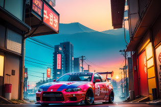 Tokyo Soda,drift car,tokyo city sunset,gibli style