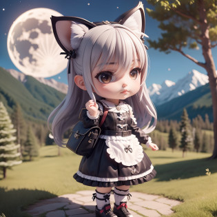 chibi 3d))) (Best Quality), (masutepiece) Chibi Anime Deformed Style//Gray wolf ears,fullmoon,Mountain ridge in the background,Stars of the Galaxy, Jurun Lolita Dress, Gothic lolita, The costume, Lolita, jumper skirt, Cosplay, Anime, large size, Girl in the forest, Sweet Lolita, haori, gloves, Sash belt, Sock Gifts, gothic dress, Cross-dressing, Maid costume, Christmas, Halloween, Cute, Bethline Leg Pouch, Hip Bag, Shoulder bag, Steampunk Waist Bag, Halloween, Cosplay, backpack, plein air, bicycle, motor bikes, skull, Stylish
