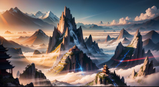 Ancient Chinese landscapes?mountain ranges?Auspicious clouds?rays of sunshine?Majestic?tmasterpiece?super detailing?Epic composition?hyper HD?high qulity?extremely detaile?offcial art?Unity8k wallpapers?super detailing?32k -- v 6