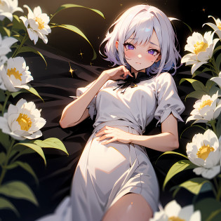 1girly, individually, Lying on a sea of flowers, Wearing a white dress, Wear white silk, white hair, purple eyes glowing eyes, gradient eyes, mole under eye, shy, blush, Yoneyama dance style, Lolita, Romanticism, anime style, sparkle, satellite image, Sony FE GM, hatching (texture), lens flare, anime, anime, masterpiece, retina, ccurate, anatomically correct, high details, 16k --auto