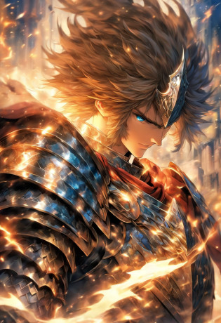 In a world of magic and dragons, a knight stands out with his modern suit of silver-plated armor. His brown hair is neatly combed, and his blue eyes shine with determination. He holds a war hammer in one hand and a shield in the other, ready to face any challenge. His cape, adorned with golden trim, adds a touch of elegance to his otherwise battle-ready appearance.