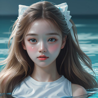 Cheerleading, Female, Realistic Portrait, Split Shot, Partially Shot Underwater, Best Quality, Ultra High Resolution, 8K Resolution, (Higher Quality), Master Works, High Detail, Big Watery Eyes, Depressed, Hair Over the Shoulder, Bow Hair Accessories, White Shirt, Supine, Spring, Liquid Background, Mid-Autumn Festival