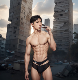 Um menino asiatico, Thai, Pescador, 15 anos, fear expression, Pescador, Kawai, apocalyptic scenery, corpo suculento, cueca transparente, detalhe, arte digital extremamente realista, cueca suculenta, dinamic pose, Background with destroyed buildings, detalhado, body with body oil, cueca fina e com volume, pelos pubianos aparecendo, realista, express�odemedo, 15 anos, cueca transparente, cintura fina, corpo liso, nenhum musculo, magro, belas curvas, efeminado,
