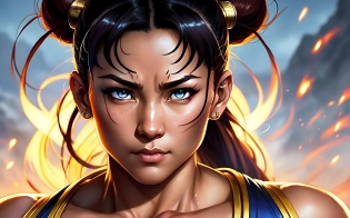 Street Fighter, Chun-Li, detailed face by greg rutkowski and magali villanueve, beautiful eyes, toned body, cinematic lighting, Hyperrealism, photography