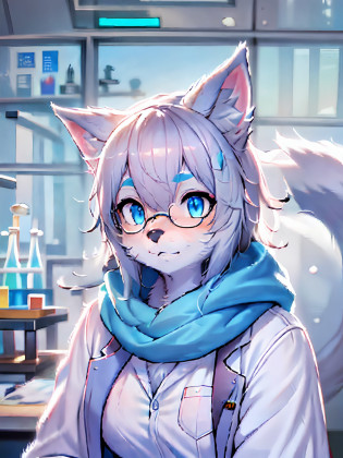 Anime character with arctic fox ears wearing lab coat and blue scarf,arctic fox?Fluffy blue fur and blue tail,Wear half-rimmed glasses,Arctic fox beauty in lab coat,  Fox scientist?inside the lab, professional furry drawing