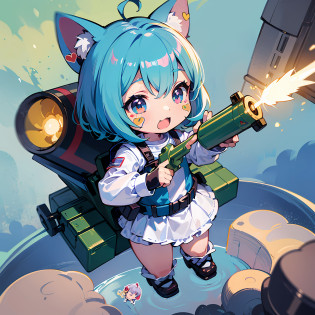 ((sticker:1.5)))?((Chibi Chara))?(((rocket launcher)))?Fluffy?1girl in?saluting?Thanks?Thank you strongest?Chibi Chara?ful body?pastel-colored hair?Fairy tale?Fantastical?masterpeice?Best quality?high picture quality