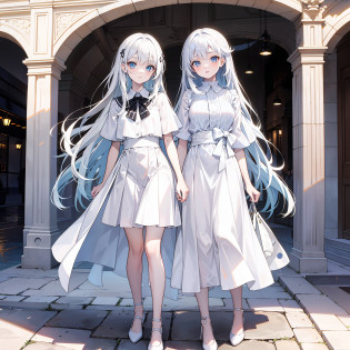 long  white hair?Touristy?white apparel?twogirls?