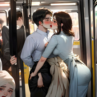 SFW, realistic, masterpiece, VERY crowded subway train interior detailed scenario, VERY crowded subway train interior detailed background, standing insanely hot (Indian woman 1) using sexy mini skirts, (big ass), (thick thigths), (fear expression), blhushed face, young man kissing ass woman 1 from behind,(((young man kissing ass of woman 1 back))) and (((holding her waist behind her)))