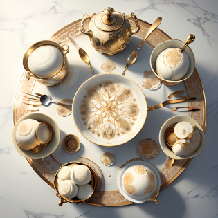 IvoryGoldAI cutlery in the kitchen, ((a soup bowl with lid and tray, 6 small bowls P)). Ceramic U material, borrowing from the plastic art and pattern art language of Tang Dynasty court tableware and Tang Dynasty cultural relics treasures, applied to modern design concepts. Participate in the parametric texture design to create a set of Tang Yun themed tableware that conforms to modern aesthetics. Masterpiece, (authenticity: 1.4), the best quality, Chinese style, reflecting Chinese aesthetics