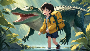 A boy with yellow backpack raised by alligators in high school , na escola , Other children, alligator , childrens , alligator , childrens , Cartoon