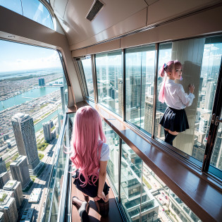 Floor-to-ceiling windows adjacent to the 180th floor of the Central Business District Tower?Two junior high school students kneeling in stockings host the show, Little girls?Pink double-tailed hair and cyan eyes?Anime little girl in servant costume?The little girl cocked her ass