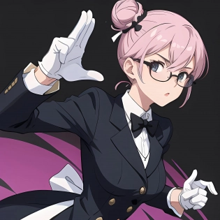 female, female butler, hair bun, glasses, white gloves, fighting pose, full view, black clothing,