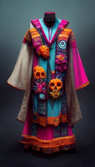 vibrant day of the dead cultist robes, hispanic aesthetic, fashion design, hyperrealistic, rendered --q 2 --ar 9:16 --uplight