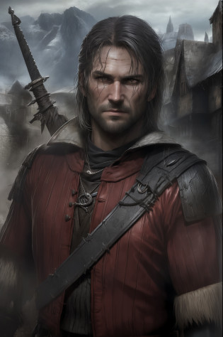 An actor Clive Standen as the Witcher with long black hair, with a sword and a cape, he has a red scar on his face, the witcher concept art, epic portrait of menacing, character portrait art, painted character portrait, detailed character portrait, character art portrait, fantasy genre portrait, fantasy character portrait, character - portrait, epic character portrait, rpg portrait concept art,  The witcher 3, realistically, dynamic lights, old, full footage, (extremely detailed 8k wallpaper of CG unit), trend in ArtStation, trend in CGSociety, high detail, sharp focus, dramatic, photorealistic