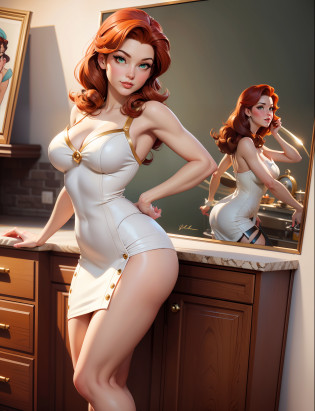 official art, unity 8k wallpaper, ultra detailed, aesthetically pleasing, High quality, masterpiece, best quality, there is a painting of a woman in a white dress is cooking in a kitchen,  glamorous and sexy, red hair, beautiful face, green eyes, sexy pose, gil elvgren style, gill elvgren, by Gil Elvgren, artgerm and gil elvgren, pinup art, pin - up, pin-up, pin up, pinup, pin - up girl, pin up girl, pinup girl, inspired by Gil Elvgren