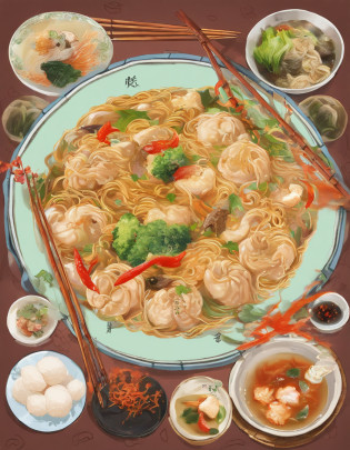 Delicious and tempting spicy noodles?Fresh vegetables are plentiful?The poached egg aroma is overflowing?The brown conch is delicious and delicious?Pepper has a strong flavor?The yellow bamboo shoots are crispy and delicious?The fungus has a delicate taste?Tofu has a good aftertaste?The noodles picked up by chopsticks are fragrant?illustration, tempura,
