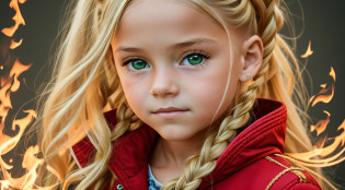 Melhor qualidade, obra-prima, ultra alto nada, fotorrealista, foto crua, Girl child 10 years old, Russian blonde in braids, com roupa de jaqueta de couro vermelha, Estilo retrato, flames are shining MANY GREEN FLAMES. --auto --s2