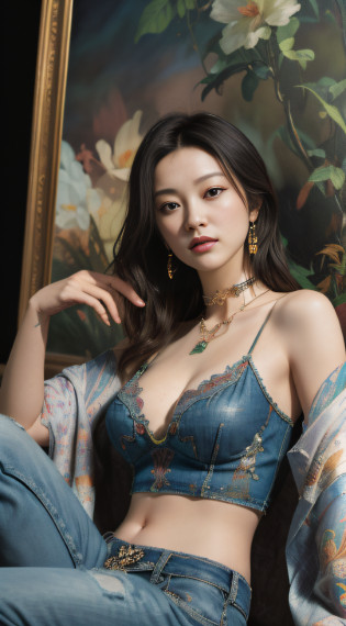 (Masterpiece, absurderes, Highly detailed:1.3), dream-state, Digital painting beauty, (Sitting, mature, Slim, Slender,) view the viewer, (Masterpiece), (Best quality:1.2), absurderes, Intricate details, skin indentation, cleavage, Huge breasts, (Highly detailed skin:1.2), (author?Alphonse Mucha Echo Chernik Megan Laura Cho Bingqiang), Sharp focus, Soft and colorful, Centered, symetry, picure, Intricate, voluminetric lighting, Beautiful, rich deep color, Ultra detailed, Digital painting, Mysterious magic, Focused, lush colors, Canon Eos 5d Mark IV and Fujifilm Superia X-TRA 400 film, (Extremely detailed oil painting:1.2), Glow effects, godrays, handpainted, Renders, 8K, rendering by octane, 4 d cinema, blender, Dark, Ultra-refined atmospheric 4K, cinematic sensual, Sharp focus, humorous illustration, great depth of field, Masterpiece, colours, 3d octane render, 4K, concept-art, trending on artstationh, Hyperrealistic, Vivid colors, Extremely detailed CG unified 8K wallpapers, trending on artstationh, trending on CGSociety, Intricate, High detail, Dramatic?1girll?Desert photography??tee shirt??stocklings?Abdominal exudate??denim short????leg loops????Neck ring???Wear a bracelet?choker necklace???full bodyesbian?1.5