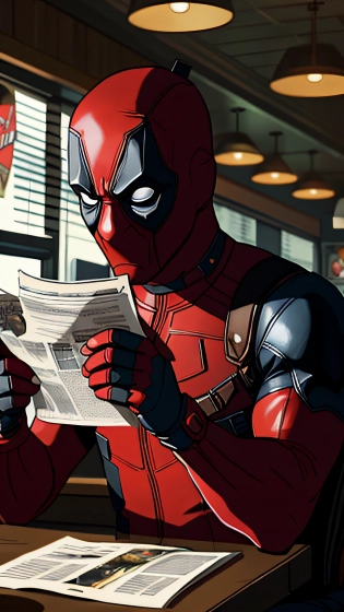 portrait512 Deadpool from Marvel in a mask reading (newspaper:0. 8) in a diner, a still from the cinematic movie Photo512