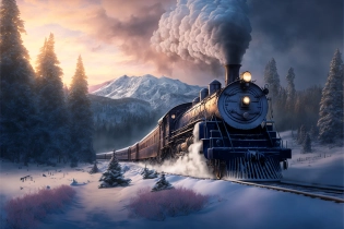 Pixar style, steam train driving through the snow, the polar express, scenic landscape, stunning environment, dusk, ultra detailed, octane render, ultra detail, intricate detail, volumetric lighting, dreamy magical atmosphere, vivid colours, photorealistic, photography, lifelike, high resolution, digital art, ultra wide angle lens, aerial view, elevated view, wallpaper --ar 3:2 --v 4