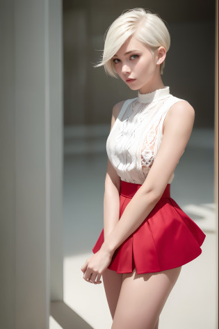 ((masterpiece, best_quality)), 5girl, (photorealistic:1.4),  solo, white_background, white_hair, short_hair,   zettai_ryouiki, red skirt, ((full_body)),