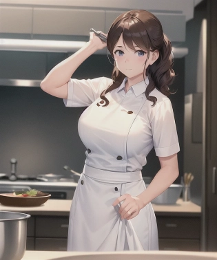 Masterpiece, photorealistic, photograph of a woman executive chef cooking at a formal restaurant, Gordan Ramsay, kitchen, wavy hair, curtain bangs, best girl hair, brown hair, photograph, depth of field, hyperrealism, cinematic lighting