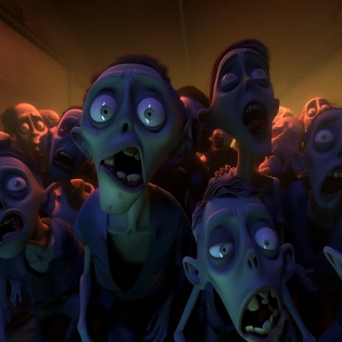 Blu-ray screengrab from PIXAR movie, zombie horde, 3D, CGI, horror, dark color palette, cinematic lighting