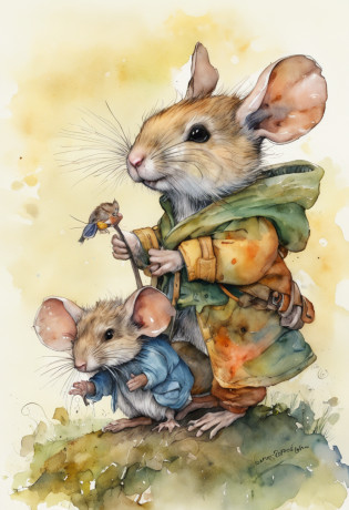 comi? style, painted in vivid watercolor, Bipedal mouse, ropa linda, ojos verdes, naranja, azul. amarillo, extremadamente detallado, Altamente detallado, obra maestra, Fondo de cuento de hadas, wonderland, Dynamic colors, Luz de cuento de hadas, por beatrix potter y Jean-Baptiste Monge, 32K UHD