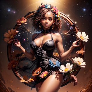 (masterpiece:1), (best quality:1),

A ((black::girl:2)) with transparent cloths in a circle, ((Rounded frame made of flowers)),
(1girls in circle, sexy pose, plussize:2, (((ultra realistic face))), gorgeous smile, small curvy, Gradient rainbow colors hair, looking seductively, beautiful face, beautiful girl totally , sexy, normal breast) in a circle, ((brown::skin:2)), natural smile, naughty smile,

rounded flowers frame circle, (timeless:1.1), (nature:1.25), (cosmos:1.5), white theme, high detailed, fractal background, ((flowers covering the girl legs)), too many flowers,