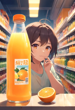 Someone has a bottle of orange juice with a sticker, Drink, Made with drinks, it has lemon skin texture, Lemon Demon, Wang Chen, Energy Drinks, qiangshu, cute little,fire punch, Komono, zmonzheng