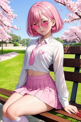 masterpiece, best quality, wallpaper, 8k, intricate detail, high resolution, loading screen, pastel colors, sharp shadows, young anime girl, (subsurface scattering:1. 2 ), (small) breasts:1. 2 flat chest:1. 2 athletic body, pink nails, schoolgirl, japanese school uniform, sitting on public bench, (bento box) on lap, holding (chopsticks), blushing, pink eyebrows:1. 2 full body, thick thighs, messy short pink hair, cherry blossoms, [pink] necktie, happy, short pleated [pink] skirt, (blue) shirt, midriff, sakura atmosphere, detailed face, beautiful detailed pink eyes, full detailed lips, shirt pocket, good lighting, blushing, wide hips:1. 1 detailed navel, dark shadows, detailed background, [pink] (hearts), [pink] (heart earrings), detailed shadows, solo:1. 4 glasses, in school, [gold] glasses, heart navel piercing, white above knee socks