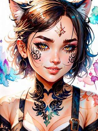wtrcolor style, digital art of (Cat character), official art, front, smile, masterpiece, beautiful, ((watercolor)), face painting, ink splash, intricate details. Very detailed eyes, [drip:0.5], trend in Artstation, Rachel Walker