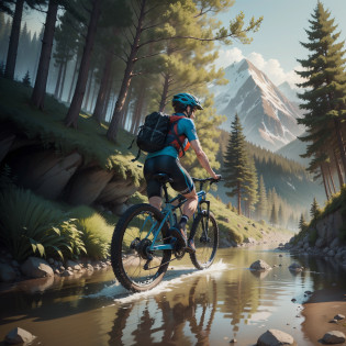 A adult boy,ride a mountain bike,wear helmet,he cross a river with bike,some tree present, realistic, 4k