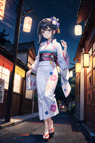 (a masterpiece of?beste-Qualit:1.2)?ultra hyper-detailed?lighting like a movie????Beautiful woman going out to summer festival????fair?A smile?woman wearing the kimono, bath robe, classy yukata clothing, Wearing a colorful yukata, in a kimono, Wearing a kimono, japanese kimono, in a kimono, Komono, wearing a haori, Dark blue yukata with morning glory pattern, A Japanese style, Wearing kimono,paper lanterns?Store?Crowds?