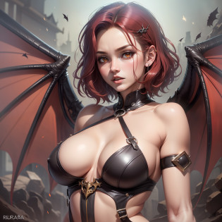1 menina, succubus, castlevania, (((cabelo curto))), (((short hair)))), cabelo vermelho, ruiva, asas de morcego, asas grandes, big bat wings castlevania, 30 anos, espartilho preto, look of malice, olhar SENSUAL, corpo exposto, mostrando corpo, dinamic angle