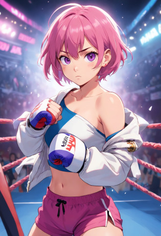 an athletic girl, flat chest, pink hair, short messy hair, purple eyes, wearing a white MMA outfit and an off-shoulder jacket, shoulders exposed, punk, tough and aggressive, boxing wraps around hands