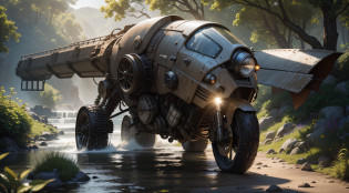maximum quality, photorealism, 8k, film, high resolution, outdoor, top view, lighting with sunny afternoon, (sunny afternoon: 1.2), southeast pacific, (high lighting: 1.2), gigantic aged metal robot, weapons, parts, gears, water, moisture, leaning against a plain, covered with plants and trees, (flying birds:1.2), waterfalls, streams, stones on the riverside, metal with rustic texture,  man on his back on a motorcycle, masterpiece, maximum quality, (afternoon:1.4), sunny afternoon, before sunset, general plan, light depth of field, lomography, maximum quality, gorgeous, masterpiece, photorealism, 8k, realistic texture of high resolution, grain of film, Photographed on a Canon EOS-1D X Mark III, 36mm lens, F/1.8, sharp focus