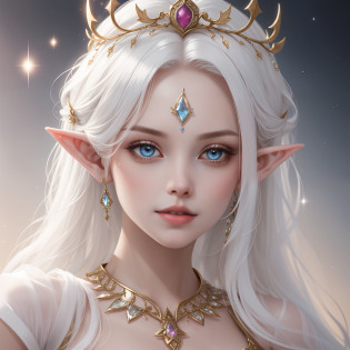 A woman with a crown and a TIA on her head, beautiful and elegant elf queen, Guviz, Fantasy art style, 8K high quality detailed art, Elf Princess, alluring elf princess knight, digital fantasy art , beautiful elven princess, beautiful and elegant female elf, (long  white hair?White-colored skin?Elf Girl?The skin is translucent white?sparkle in eyes?The elves were dressed in pure white)?beautiful  face?Lonely pale face?facing to audience?The upper part of the body?Particle?Glow?Guviz-style artwork, WLOP Art,