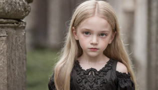 11 year old girl goth angelic cute child fantasy photo essay, with green eyes and long blonde hair down to the waist, orelhas de um gato vestido como uma boneca, is posing in the qyarto with fireplace