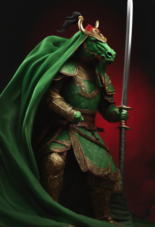 Guan Yu rode a red horse?Wearing a green robe?Image of Guan Yu in the Romance of the Three Kingdoms?Green armor?Green Dragon Moon Knife?Green hat?HighestQuali?A high resolution?tmasterpiece